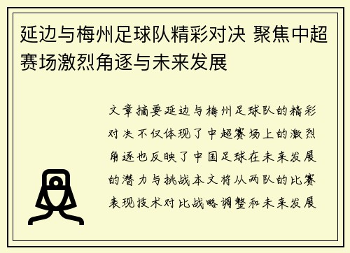 延边与梅州足球队精彩对决 聚焦中超赛场激烈角逐与未来发展