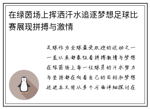 在绿茵场上挥洒汗水追逐梦想足球比赛展现拼搏与激情